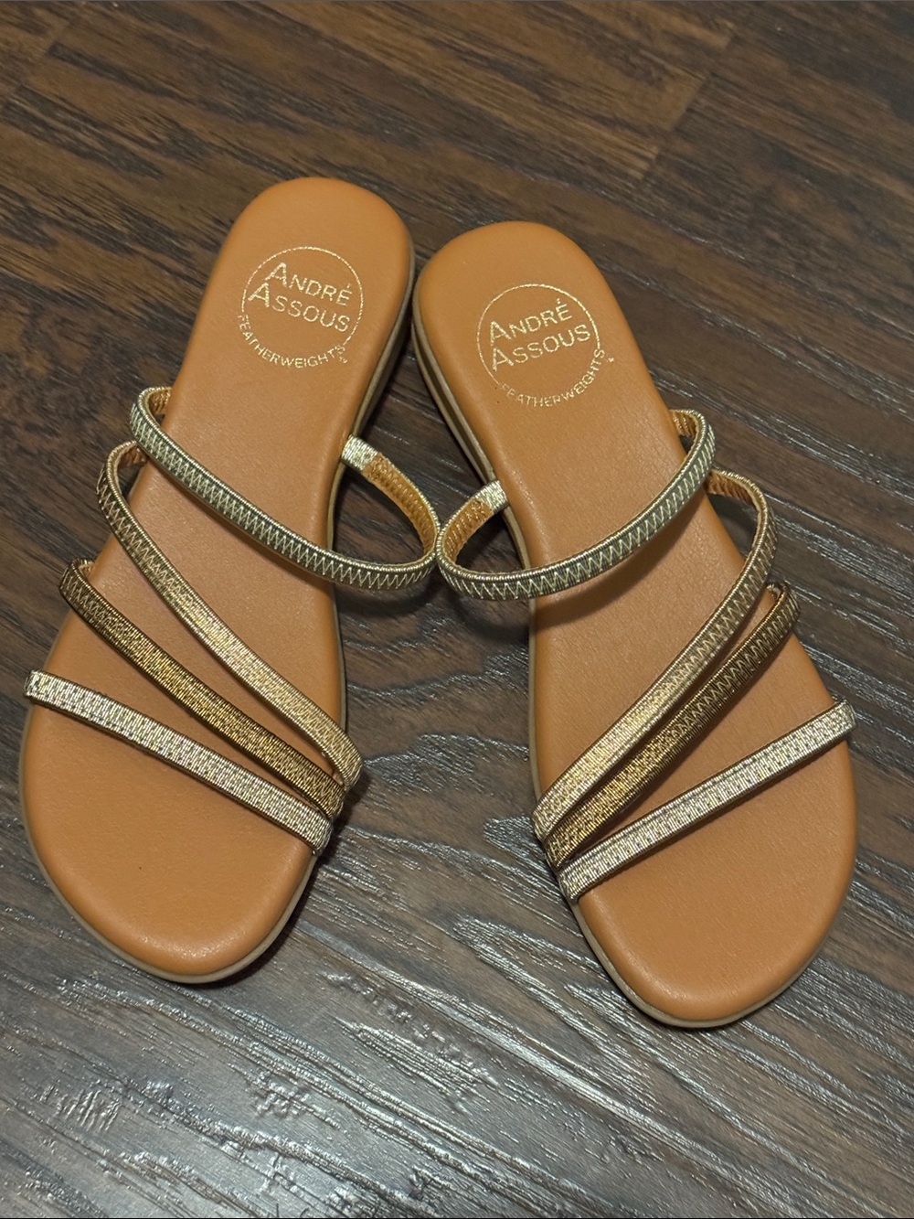 Andre Assous Tan and Gold Multi-Strap Slide Sandals